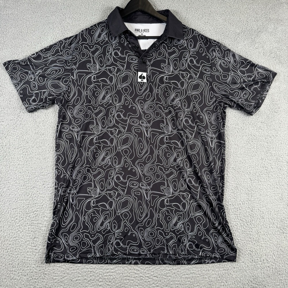 Pins And Aces Polo Mens 2XL Black Geometric Golf Performance Stretch Shirt
